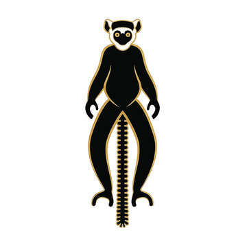 Black silhouette vector of a graceful sifaka lemur leaping, isolated on a white background, showing the distinct anatomy of this endemic Madagascar primate with its long tail and limbs.