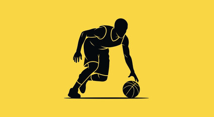 Basketball Player Silhouette Dribbling Ball Yellow Background © asepta