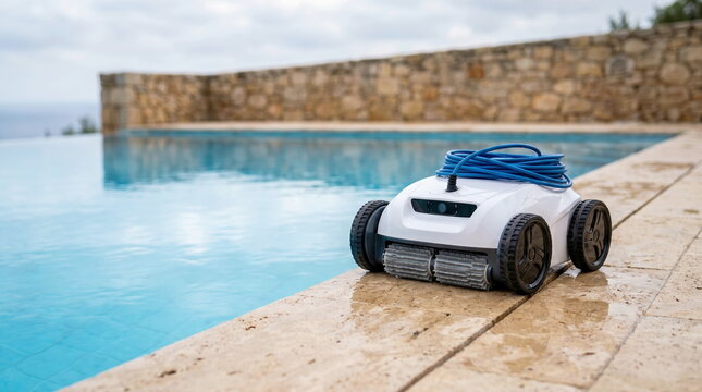Robotic pool cleaner resting at infinity pool edge with coiled cable, luxury outdoor setting, smart home automation for pool maintenance.