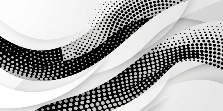 Monochromatic Wave Abstract: A striking abstract design featuring flowing waves of white and grayscale, interspersed with a dynamic pattern of halftone dots.