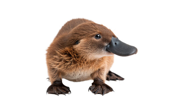 Cute wild platypus animal standing looking forward profile isolated on transparent background