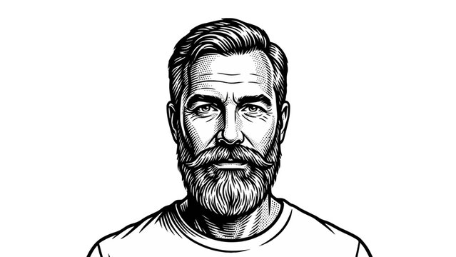 Mature man with full beard and mustache portrait in woodcut style