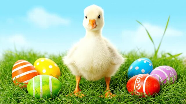 Cute duckling poses on green grass with colorful Easter eggs, a fun spring scene for holiday celebration