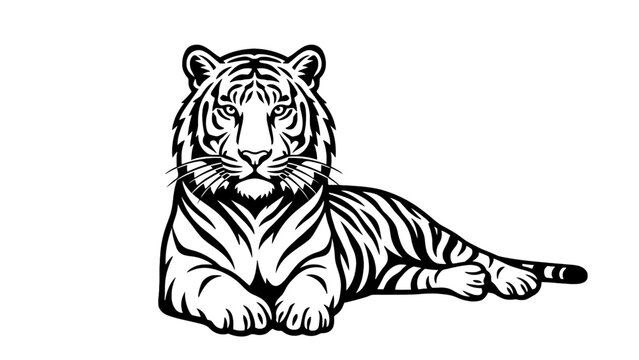 Majestic tiger resting in black and white line art style