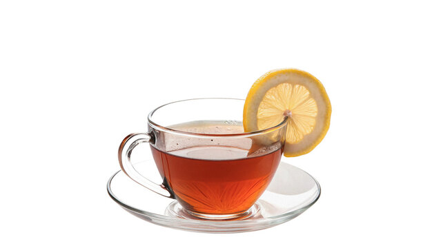 Glass cup of hot black tea with lemon slice isolated on transparent background