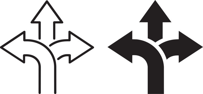 Set of three directional arrows split path icon for choice and direction vector illustration on white background