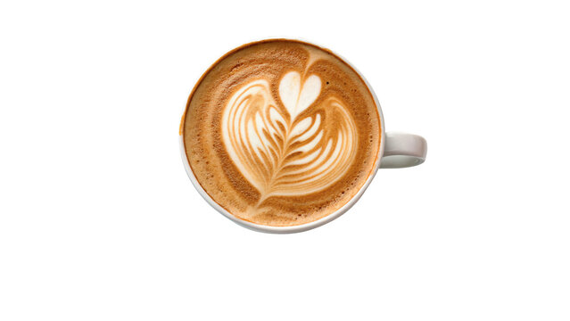 Top view glass mug of hot espresso coffee latte isolated on transparent background