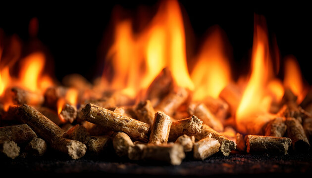 Burning wood pellets with golden flames, closeup macro of biomass fuel igniting on burner, dancing orange tongues and glowing embers, textured pellet surface