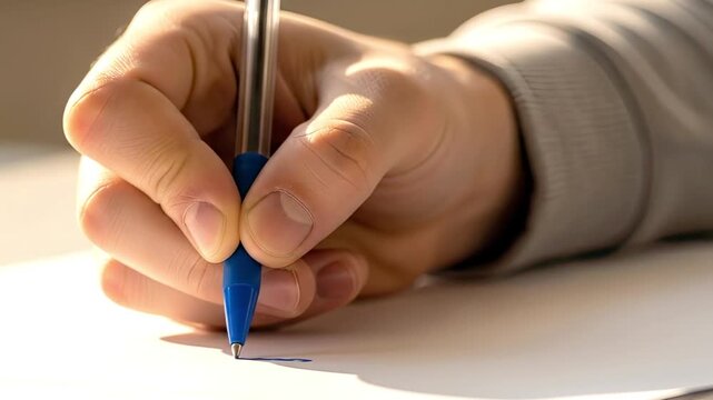 A detailed close-up shot of a person's hand holding a blue pen and preparing to write on a blank piece of paper