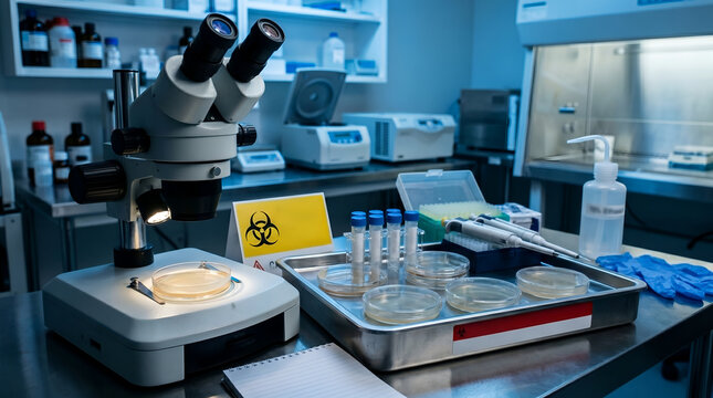 Modern biology laboratory workstation with stereomicroscope, petri dishes, micro pipettes, test tubes, and biohazard warning sign