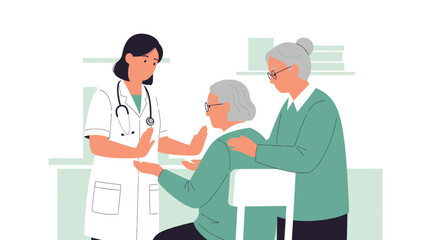 Obraz premium Doctor Consults Elderly Woman with Caregiver Assistance, Healthcare Illustration