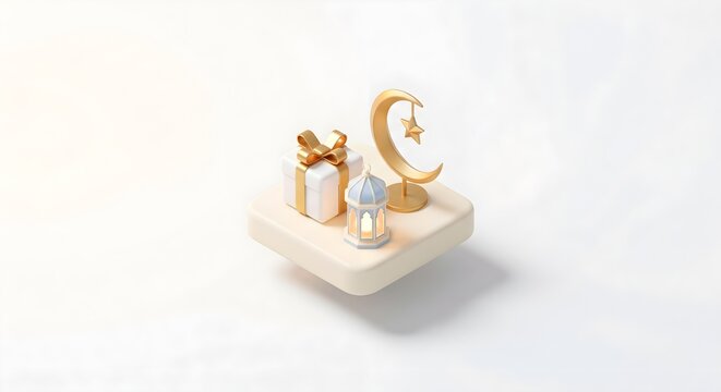 Clean Minimalist 3D Eid Gift and Moon Scene