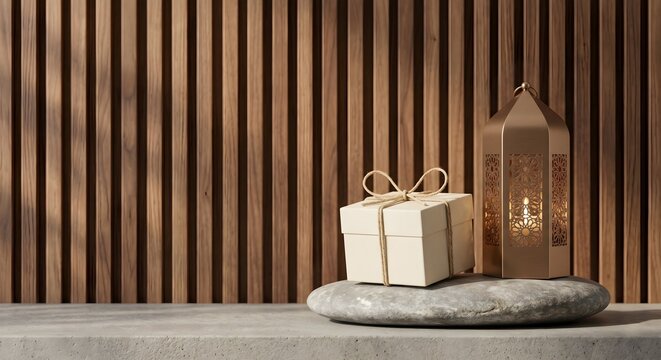Rustic Eid Gift Display with Lantern and Wood Texture