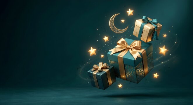 Magical Floating Eid Gift Boxes in Dark Space
