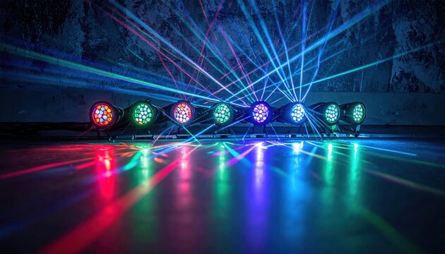 Array of futuristic LED stage lights casting vibrant laser patterns and colorful beams on a reflective surface.