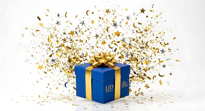 Festive Eid Gift Box with Golden Confetti Explosion