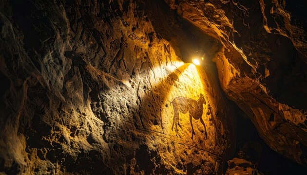 Ancient prehistoric cave painting of a zoomorphic animal figure illuminated within a dark natural rock cavern, showcasing early human art and history.