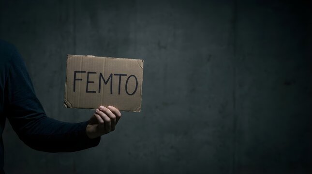 Person holding hand written femto sign on rough cardboard against a moody dark concrete wall background