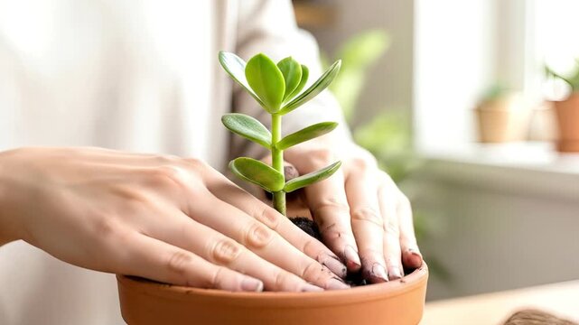 person's hands gently planting a small, healthy succulent into a terracotta pot with fresh soil