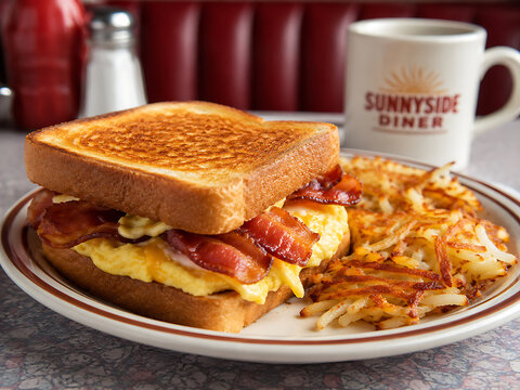 Bacon and egg sandwich with hash browns, classic American breakfast diner photo