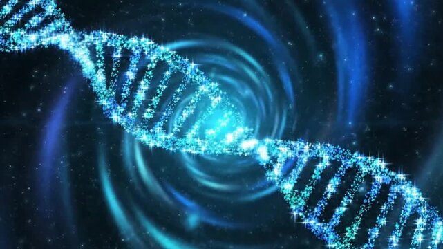 Glowing blue dna double helix structure with sparkling particles on dark background with swirling lights