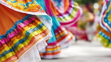 Fototapeta premium Vibrant dancers perform traditional skirted routines outdoors in daylight