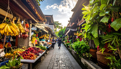 Obraz premium Bustling outdoor market street scene with vibrant fruits and flowers, people walking under warm sunlight, traditional architecture