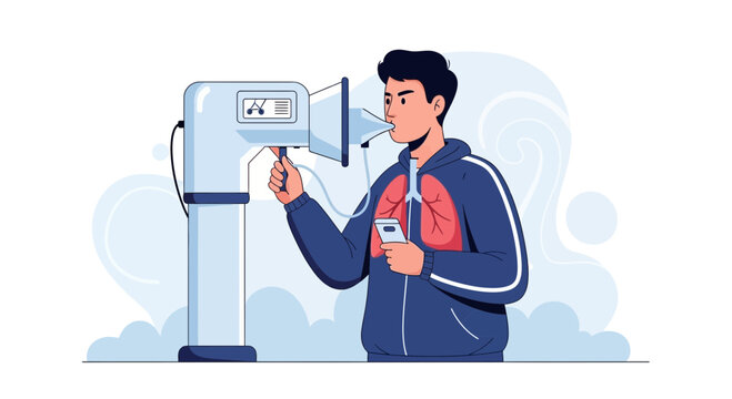 Person with lung on spirometer test, health check, respiratory system
