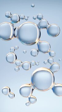 Skincare animation with floating collagen molecule structure, chemical peptide cells hyaluronic bubbles. Facial skin care concept with retinol, niacinamide, exosome, bakuchiol and glycerol medicals.