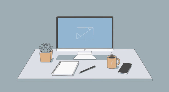 Minimalist desk setup with computer, notebook, coffee and plant