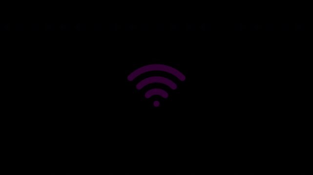 Dynamic magenta Wi-Fi signal indicator radiating futuristic radar waves, a crisp 2D motion graphics UI element isolated on a deep black canvas.