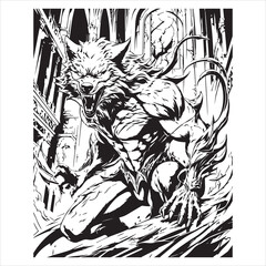 Savage werewolf in gothic ruins with black and white © papilon