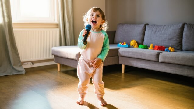 Happy toddler singing with toy microphone in cozy living room