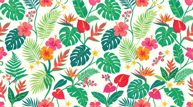 Tropical floral pattern with exotic hibiscus flowers and monstera leaves on a seamless background
