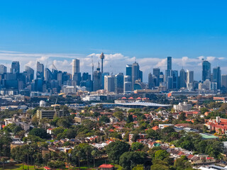 Naklejka premium Sydney CBD Skyline Aerial View with Sydney Tower and Urban Cityscape