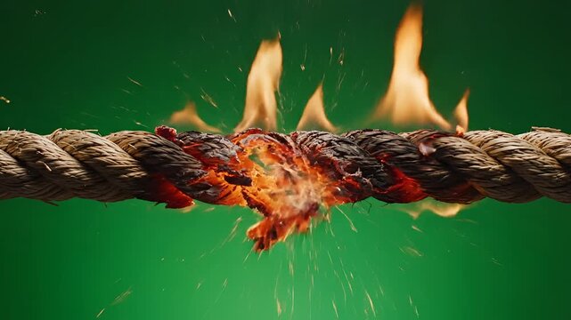 Thick Rope Burning and Breaking Apart on Green Background.