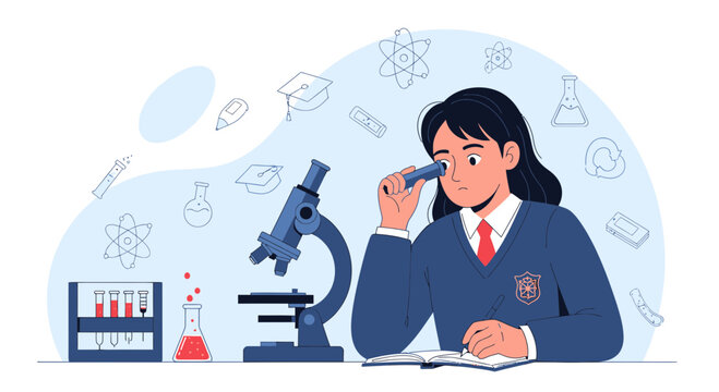 Young student learning science with microscope and test tubes