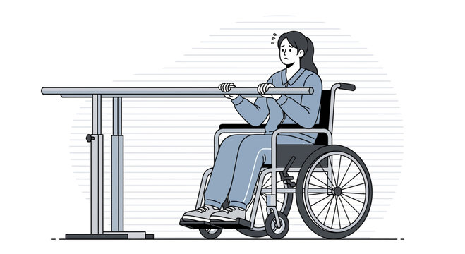 Woman in wheelchair exercises with parallel bars for rehabilitation