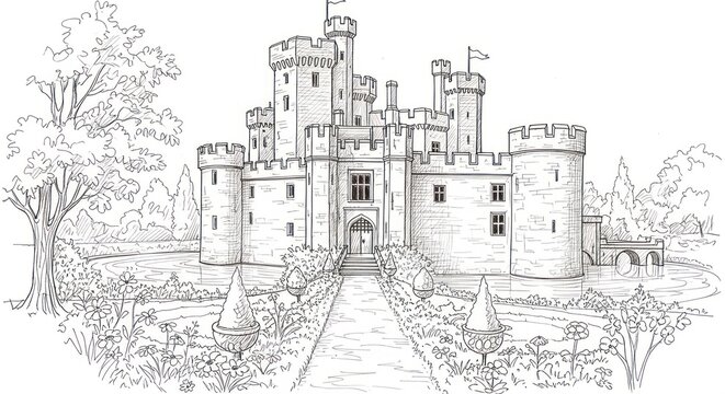 A medieval castle with towers and battlements surrounded by a garden and trees