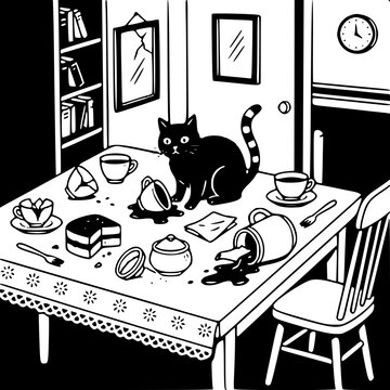 Funny Cat at tea party Vector Illustration - Black and White Comedy Graphic - 117