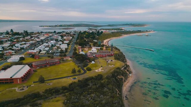 Aerial drone footage capturing Fort Queenscliff beneath clear evening skies in Victoria, Australia.