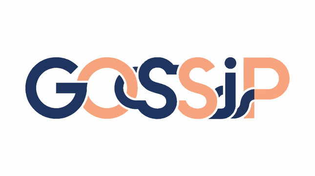 Gossip word typography design with interlocking navy blue and peach colored letters in a flat vector illustration style on a white background