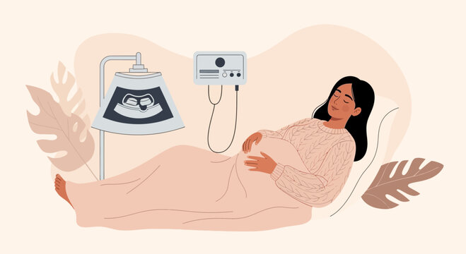 Pregnant woman receiving ultrasound scan with baby image on screen, medical checkup