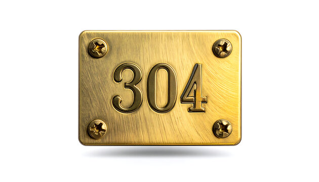 Brass address plaque with number 304 screwed onto a white background, representing property identification and home numbering