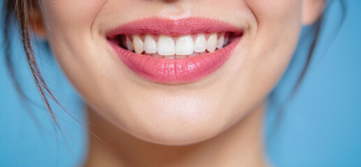 Fototapeta premium Woman with beautiful smile showing healthy white teeth. Oral hygiene and teeth whitening concept. Professional dental clinic advertising. Cosmetic dentistry for bright dental care.