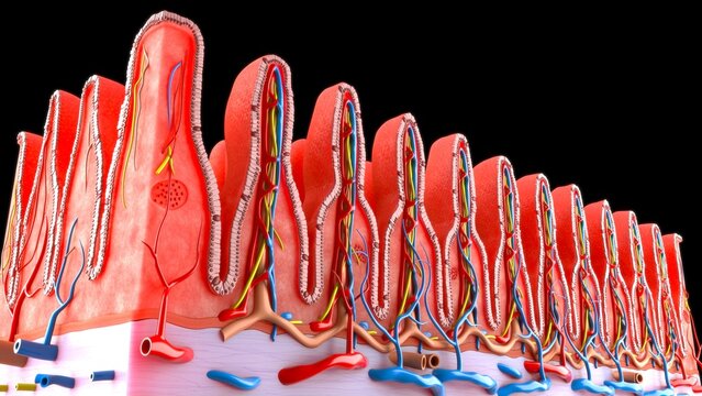 The small intestine wall is structured to maximize nutrient absorption, featuring four distinct layers (mucosa, submucosa, muscularis, serosa) and specialized modifications to increase surface area. I