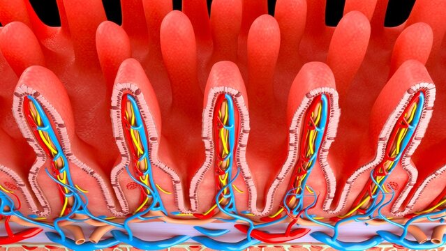 The small intestine wall is structured to maximize nutrient absorption, featuring four distinct layers (mucosa, submucosa, muscularis, serosa) and specialized modifications to increase surface area. I