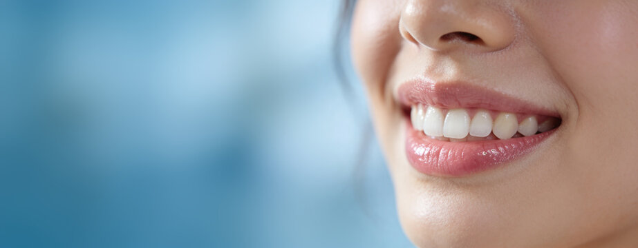 Close up of woman with beautiful smile showing white healthy teeth. Advertising for dentistry and cosmetic whitening procedure. Bright oral hygiene and dental care concept for clinic.