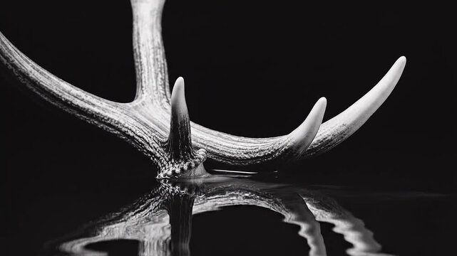 Black and white close-up of deer antler in water