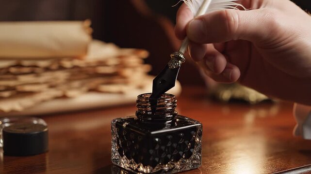Hand dipping quill pen into vintage glass inkwell on desk